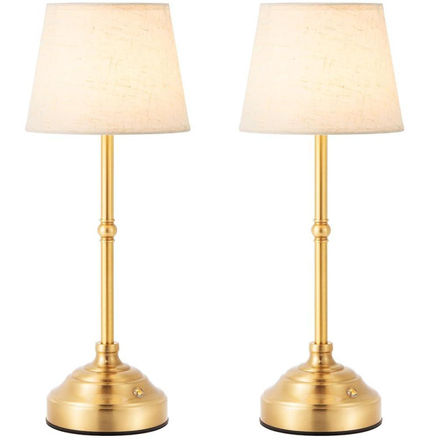 keysays 2 Pack Cordless Table Lamp, Rechargeable Desk Lamp with Fabric Shade, Battery Operated Lamp 3 Color Stepless Dimming, Small Touch Bedside Lamp Home Decor for Dining, Counter (Brushed Gold)