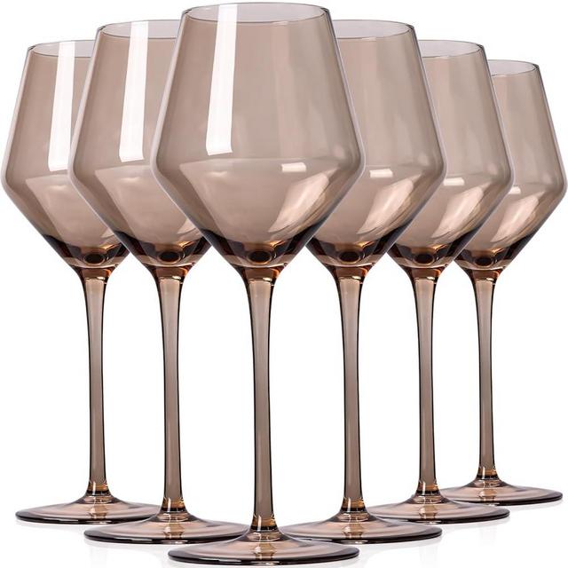 Colorsavant Smokey Sand Wine Glasses Set 6-16oz, Long Stem, Universal Size for White and Red Wine - Hand Blown Smoky Amber Brown Neutral Stemware for Home,Party