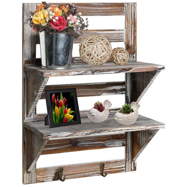 MyGift Rustic Wood Wall Mounted Organizer Shelves w/ 2 Hooks, 2-Tier Storage Rack, Brown