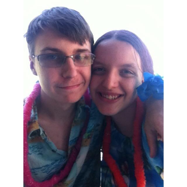 Chris and I dressed up in Hawaiian apparel for one of my family reunions, where the theme was Hawaiian.
