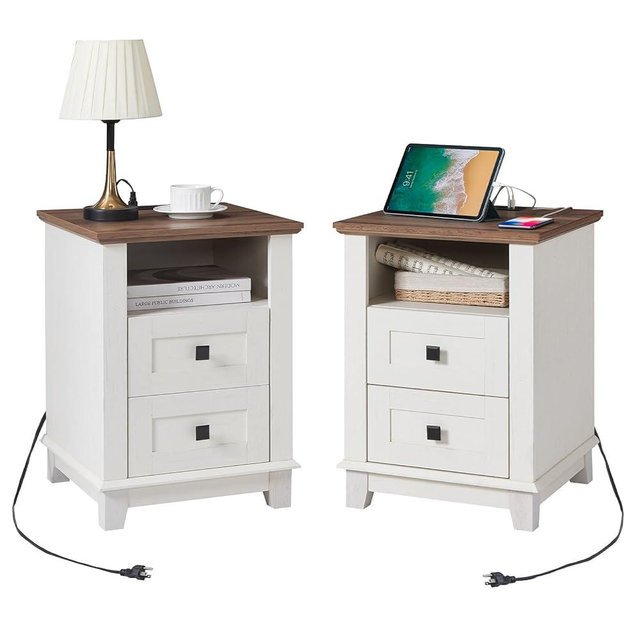 AMERLIFE 18" Farmhouse End Table Set of 2, Nightstand with Charging Station, with 2 Storage Drawers, Bedside Table with USB Ports, Rustic White