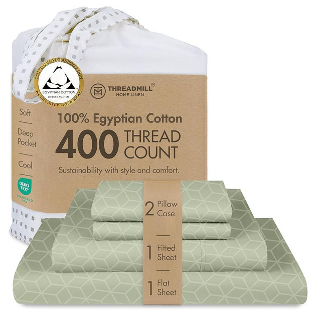 Threadmill Egyptian Cotton Full Size Sheet Set | 100% Certified Egyptian Cotton Sheets for Full Size Bed | Full Bed Sheets Set Deep Pocket | Soft Damask Jacquard 4 Pc Cooling Bedding Set | Sage Green