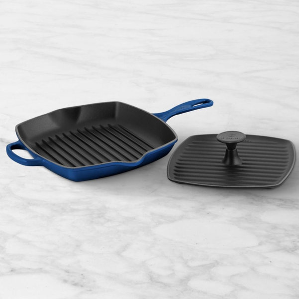Le Creuset Signature Enameled Cast Iron Square Grill Pan & Press Set (blue)