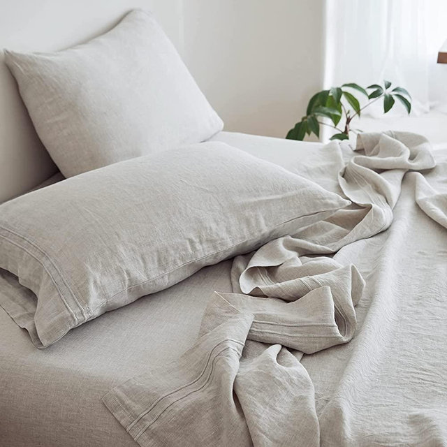 Simple&Opulence 100% Linen Sheet Set 4 Pieces Natural France Flax Bed Sheet (1 Flat Sheet, 1 Fitted Sheet, 2 Pillowcases) Breathable Luxury Hotel Bedding - Embroidery Linen, Queen Size