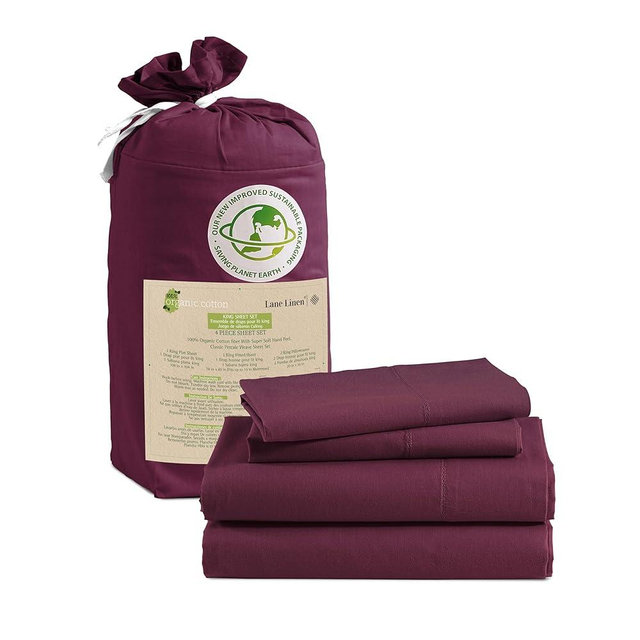 LANE LINEN 100% Organic Cotton King Sheets Set 4-Piece Pure Percale Bedsheets Soft Bedding Breathable Fits Mattress Upto 15" Deep - Windsor Wine