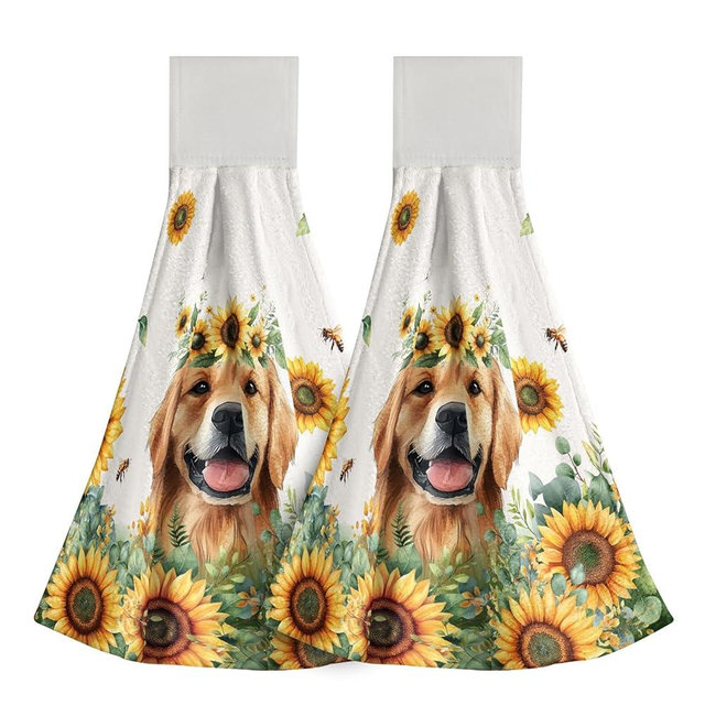 Giwawa Sunshine Dog Hanging Kitchen Towel Set of 2 Sunflower Bees Puppy Hand Towel with Loop Hook Summer Yellow Floral Absorbent Dish Wipe Towel Washcloth for Bathroom Laundry Room Gym Decor