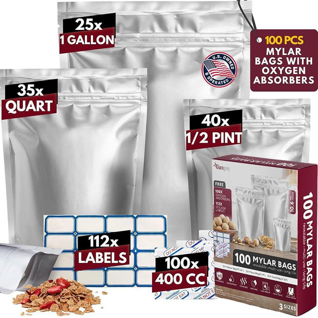 100 Pack Mylar Bags with Oxygen Absorbers - 10.6 MIL Thick 3 Sizes - 25x1 Gallon 35x1 Quart 40x1/2 Pint - Resealable Bags with 100 Oxygen Absorbers for Food Storage & 112 Labels, Sealable Smell Proof