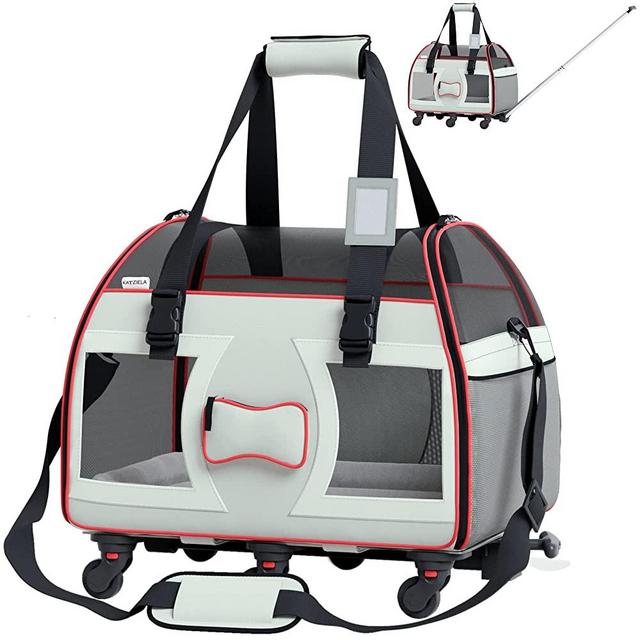 Airline Approved Removable Wheeled Pet Carrier for Small Pets. Upgraded Structural Design for Ultimate Strength Mesh Panels & Plush Mat. Compact and Durable 19"x22"x11" (Grey Bone Cruiser) - Katziela