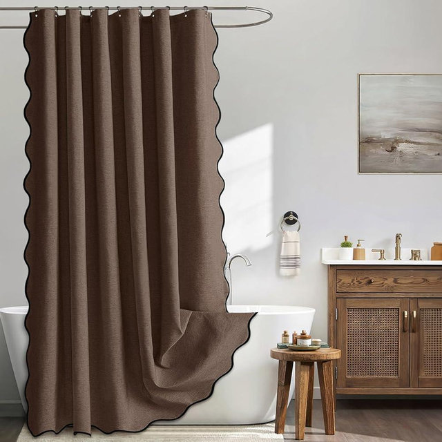MIULEE Brown Scalloped Shower Curtain Linen Textured with 12 Metal Hooks Cute Heavy Duty Washable Waterproof Thick Cloth Shower Curtains with Black Border for Bathroom Hotel Bathtub,W72*L72