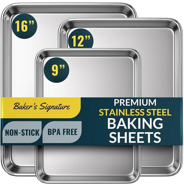 Baker’s Signature Stainless Steel Cookie Sheet Pan, Stainless Steel Baking Sheet Set of 3, Mirror Finish, Non-Stick, Rust Resistant, BPA Free, Dishwasher Safe, 9/12/16 Inch