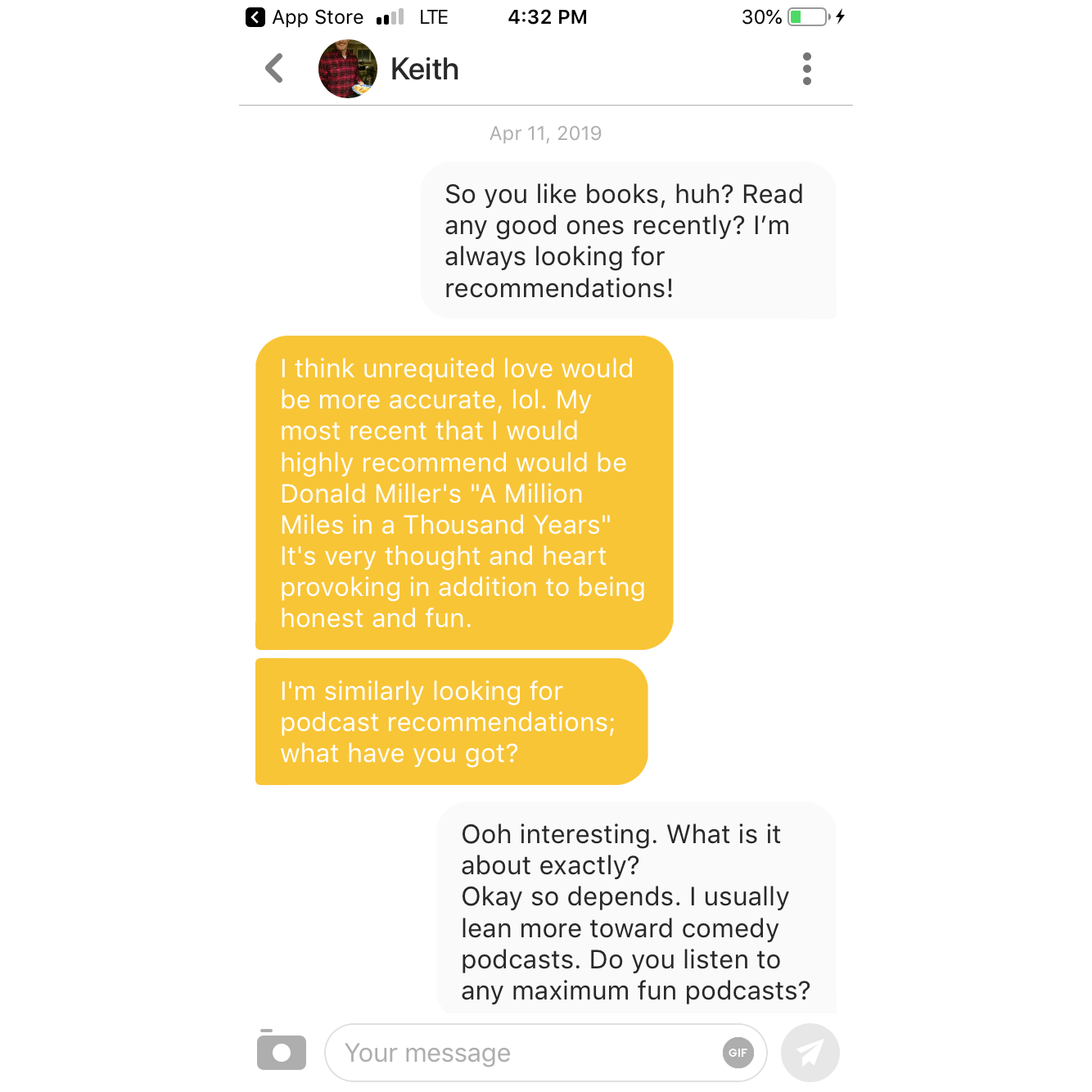 Our first conversation on Bumble...we'd go on our very first date two days later :)