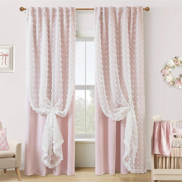 Lino Rosa Kids Blackout Curtains 96 Inches Long for Princess Girls Bedroom,Baby Pink Ruffle Pom Pom Dreamy Frilly Fluffy Black Out Curtains for Nursery 2 Panel Set
