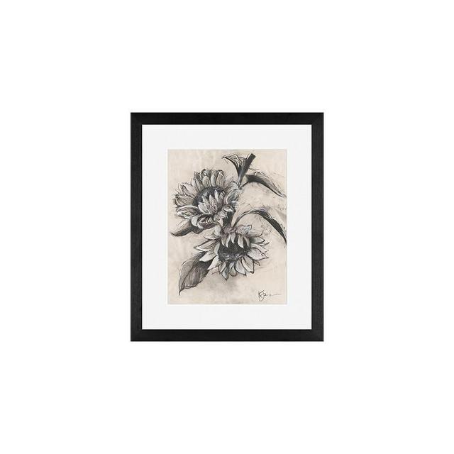 Charcoal Sunflower Sketch, Sunflower on Branch, 11" x 13" Wood Gallery, Black, Mat