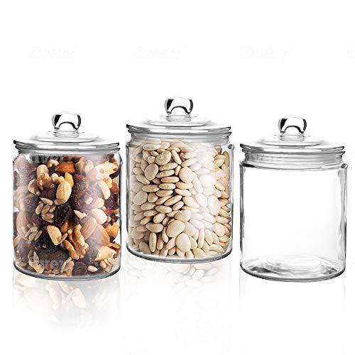 Set of 3 Glass Jar with Lid (1 Liter) | Airtight Glass Storage Container for Food, Flour, Pasta, Coffee, Candy, Dog Treats, Snacks | Glass Organization Canisters for Home & Kitchen | 34 Ounces