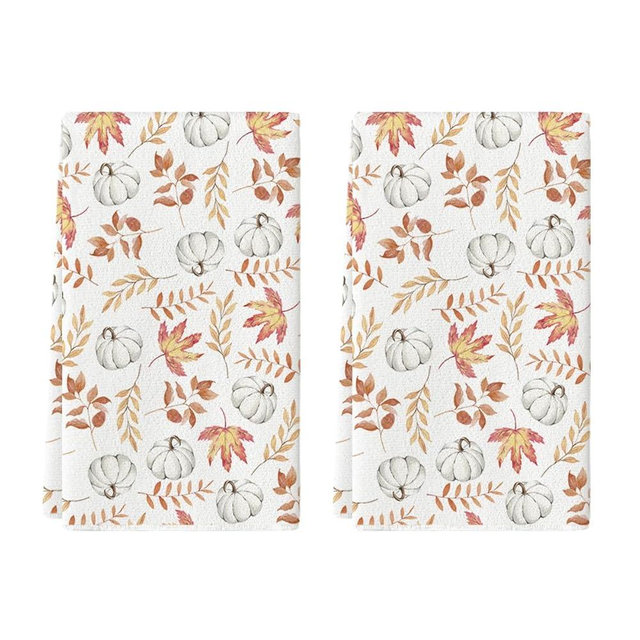 Artoid Mode Orange Leaves Pumpkin Fall Kitchen Towels Dish Towels, 18x26 Inch Farmhouse Decoration Hand Towels Set of 2