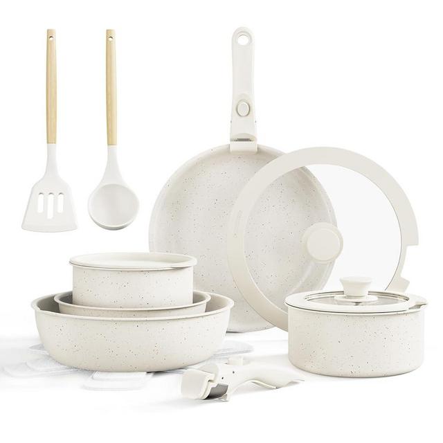 Bazova Ceramic Nonstick Cookware Set, Healthy,Non Toxic,17-Pieces Pots and Pans Set Removable Handles,Induction RV Kitchen Set,Stain & Scratch-resistant,Dishwasher/Oven Safe,PFAS/PFOA Free,Cream White