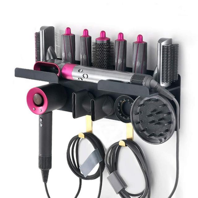 Iamagie Wall Mount Holder Adhesive for Dyson Airwrap Styler Supersonic Hair Dryer, Nail-Free or Perforat to Install, Organizer Storage Rack with Hooks Steel Rings for Curling Barrels Brushes