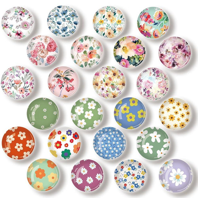 YayaCat 24Pcs 1.2in Round 3D Floral Glass Fridge Magnets,Strong & Non Scratch for Fridge,Locker,Office,Classroom & Kitchen Decor,Colorful Flower Design