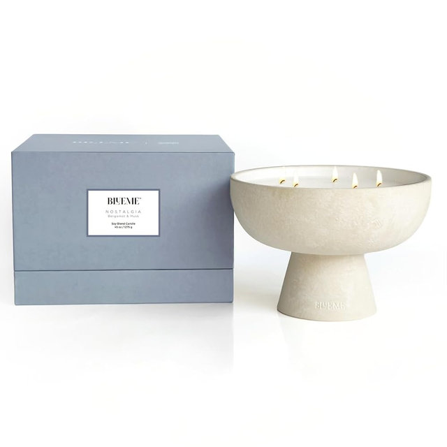 Blueme Blueme Nostalgia Candle | Bergamot & Musk | 5 Wick - Refillable Wellness Candle with Essential Oils, Hand Finished & Poured Soy Wax Blend Ceramic Vessel, Natural Cotton Wicks | Giant 45 oz