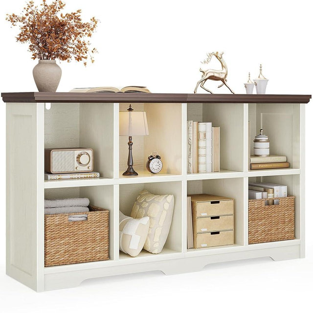 OffiGo 8 Cube Organizer Bookcase, Modern Farmhouse Open Shelf for Storage Bins & Decor, Display Bookshelf Console Closet for Living Room, Bedroom, Home Office, Walnut+White