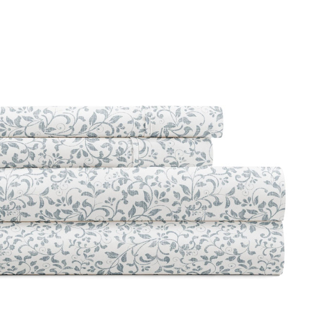 Delicate Blossoms Floral Patterned Ultra-Soft 4 Piece Bed Sheet Set - Becky Cameron, Distressed Vine Dusty Blue, Queen