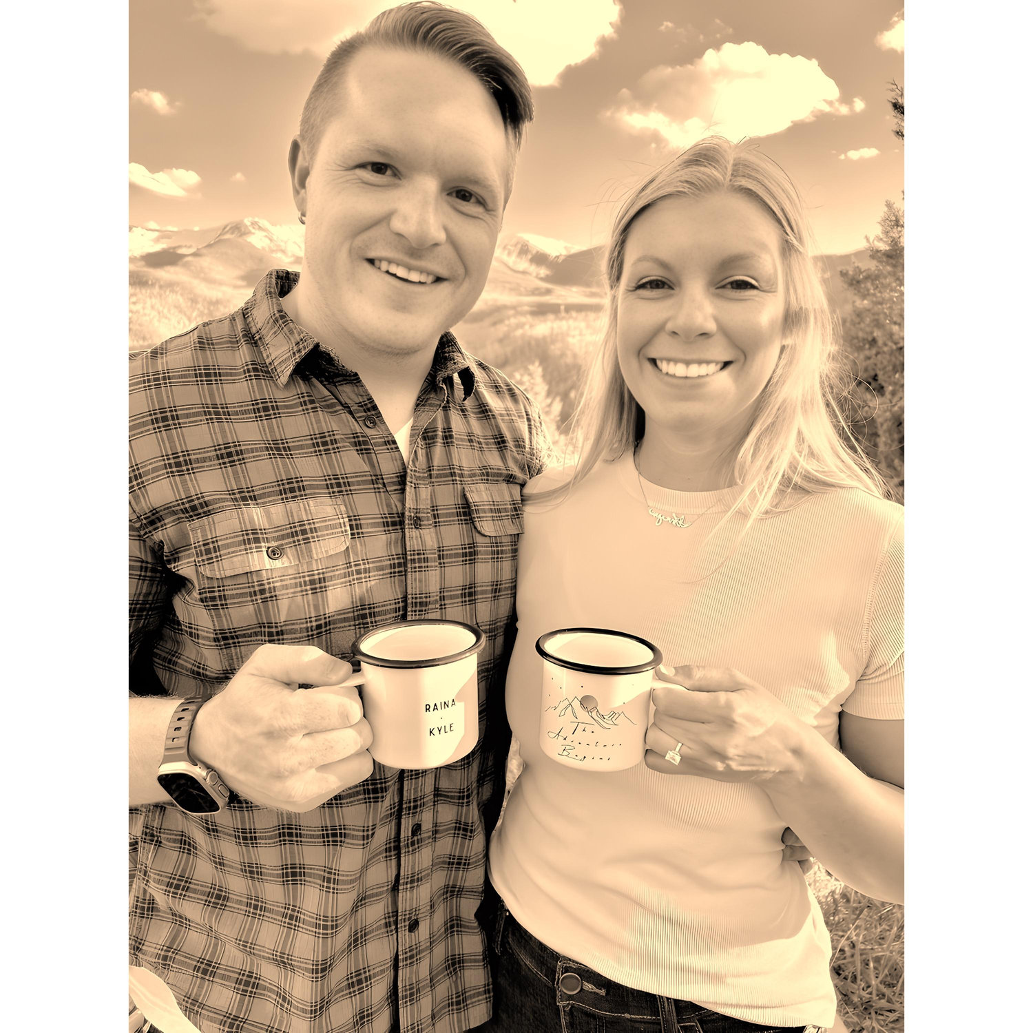 Showing off our new mugs Raina's sister, Ali, had made to celebrate the newly engaged couple!