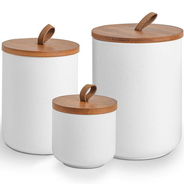 CoorFormer White Ceramic Canister Set with Bamboo Lids, 3-Piece Airtight Food Storage Jars for Kitchen - Flour, Sugar, Coffee, Tea, Spice - Small, Medium, Large Sizes