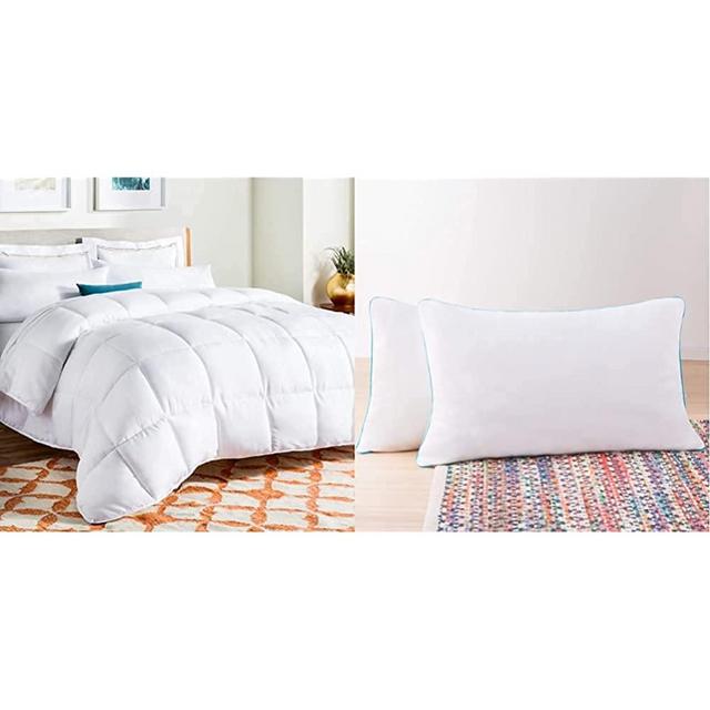 LINENSPA All-Season White Down Alternative Quilted Comforter, Queen & Shredded Memory Foam 2 Pack Pillow, Queen (Pack of 2), White 2 Count