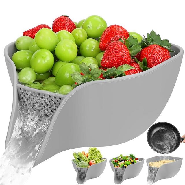 Advantez Multifunctional Drain Basket, 4.6 QT Large Silicone Food Pasta Drainer for 3-5 QT, Berry Strainers and Colanders for Kitchen, Drain Bowl with Spout for Washing Fruits, Vegetables (Grey)