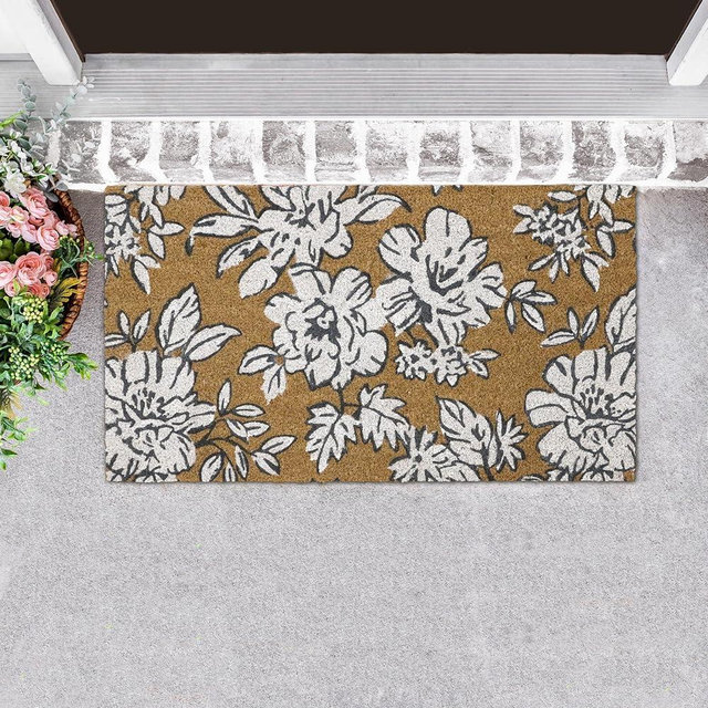 Laura Ashley Slip Resistant Beige Iris Floral Design Coir Doormat - 17.5" x 30" - Natural Fiber Mat for Entryway