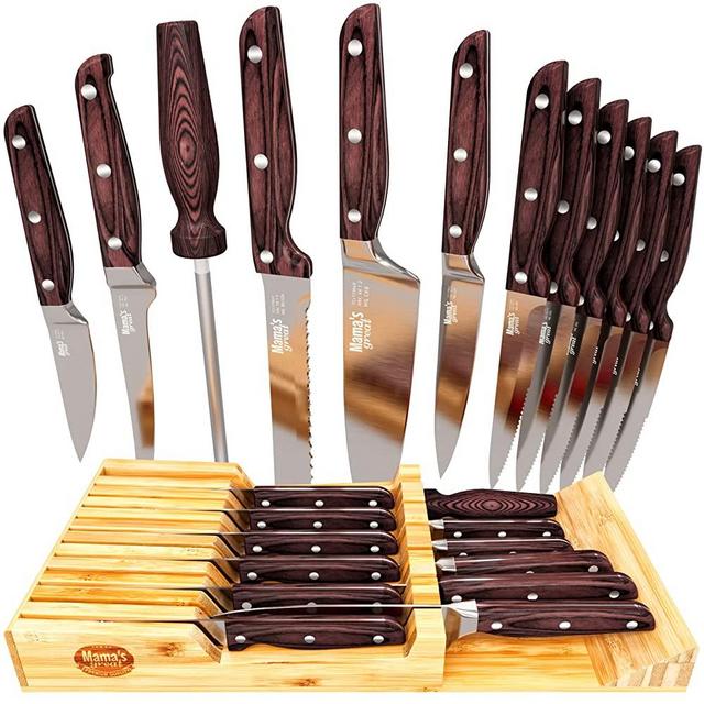 Mama's Great 12 Piece Kitchen Knife Set with Bamboo Drawer Organizer Insert - High Carbon Stainless Steel Fillet Knife, Chef Knife, Bread Knife, Utility Knife, Paring Knife, Steak Knives & Honing Rod