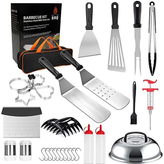 HKARIM Griddle Accessories Kit, 31 PCS Flat Top Grill Tools Set for Blackstone and Camping Cooking Chef, Outdoor BBQ Grill Accessories with Spatula Set, Bear Claws Meat, Meat Injector, Basting Cover