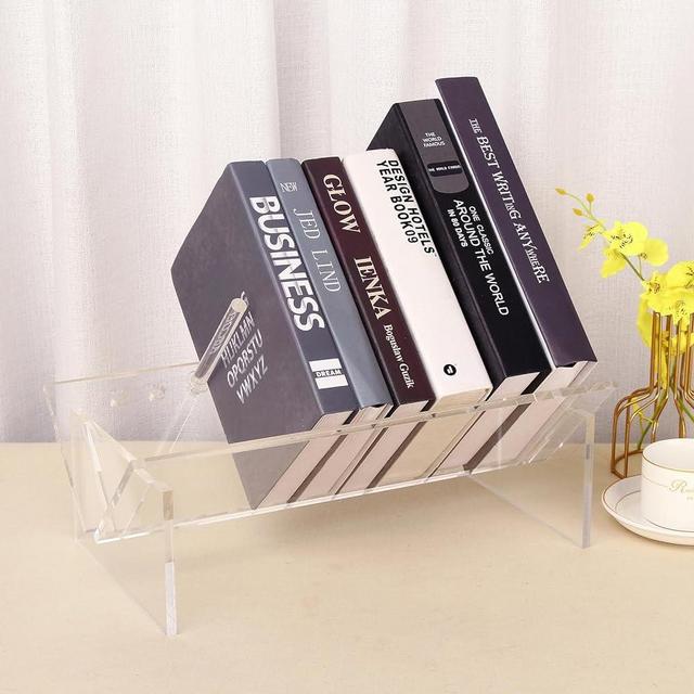 MoyRetty Clear Acrylic Desktop Bookshelf - Modern Book Storage Organizer with Tilted Shelves for Office and Home, Display Rack for CDs/Magazines/Books Style V
