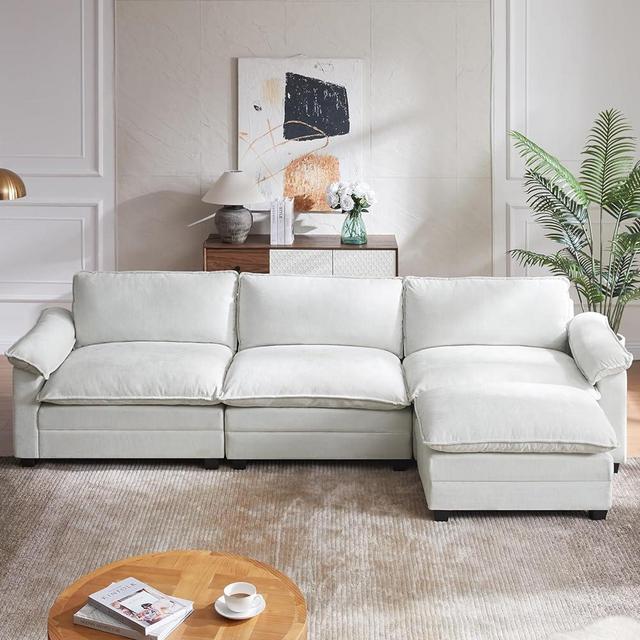 Imseigo 120”L Modern Sectional Sofa Deep 3-Seat Sofa Couch with Ottoman, Chenille Sofa Sleeper Comfy Upholstered Furniture for Living Room, Apartment, Studio, Office (Beige White, 3-Seater)