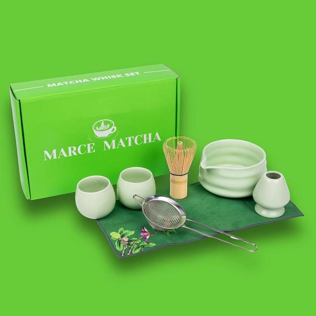 Marce Matcha Whisk Set- Matcha Set includes Matcha Whisk and Bowl (Matcha Bowl with Spout), Matcha Sifter, Matcha Whisk Holder and Matcha Scoop- The Perfect Bamboo Whisk for Matcha Tea (Green)