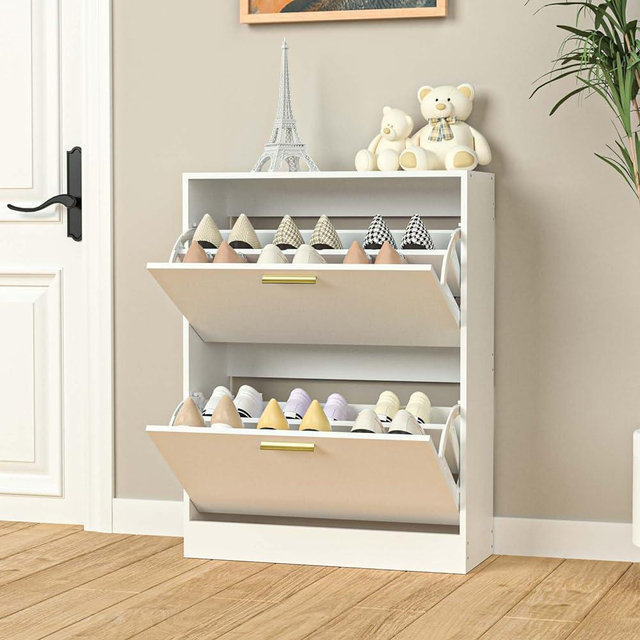 NOVAMAISON Shoe Cabinet with 2 Flip Drawers - Narrow Shoe Storage Cabinet for Entryway, Freestanding Hidden Shoe Organizer for Hallway, Bedroom, Apartment, White