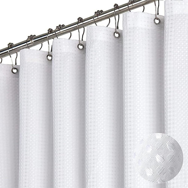 Dynamene Extra Long Shower Curtain,96 Inch Long Waffle Weave Heavy Duty Thick Fabric Bathroom Shower Curtain, Neutral Weighted Hotel Bath Curtain Set with 12 Plastic Hooks,72x96, White