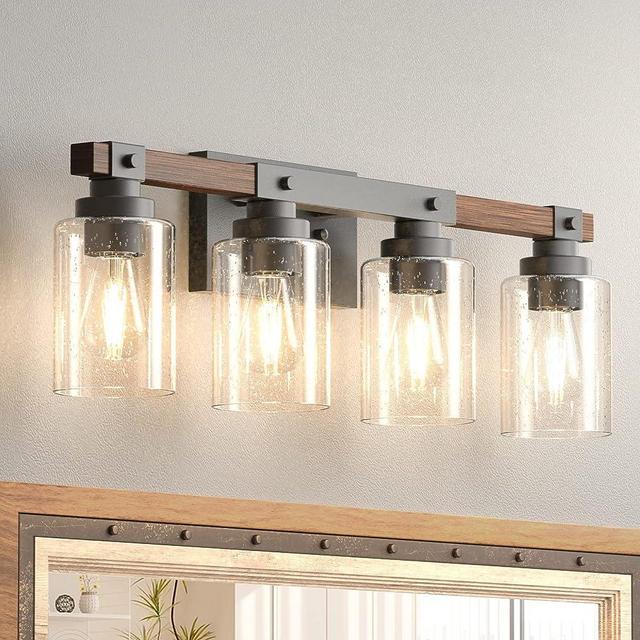 Amico 4-Light Bathroom Vanity Light Fixtures, Farmhouse Rustic Painted Wood Vanity Light, Industrial Vintage Black Wall Sconces Light with Bubble Glass Shade Porch Wall Lamp Over Mirror, Bedroom