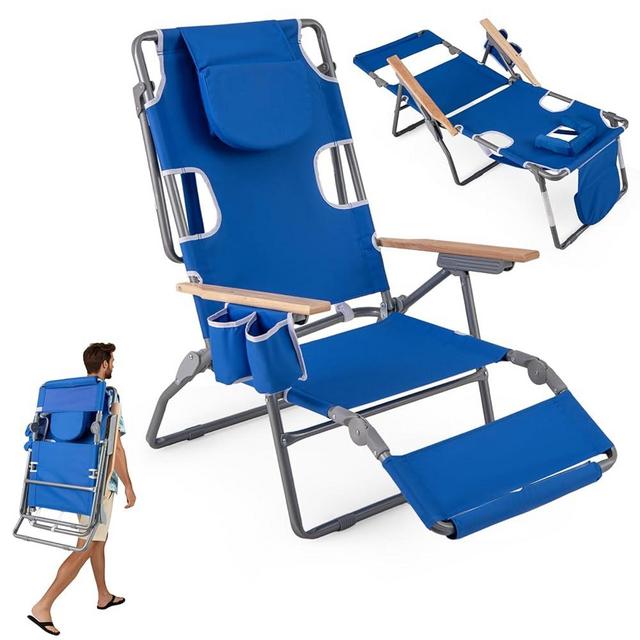 Goplus 3-in-1 Foldable Beach Chair, Lay-Flat Tanning Chair with Face and Arm Holes, Footrest, 330 lbs Heavy-Duty Portable Reclining Lounge Chairs for Outside, Camping, Patio, Poolside, Lawn (1,Navy)