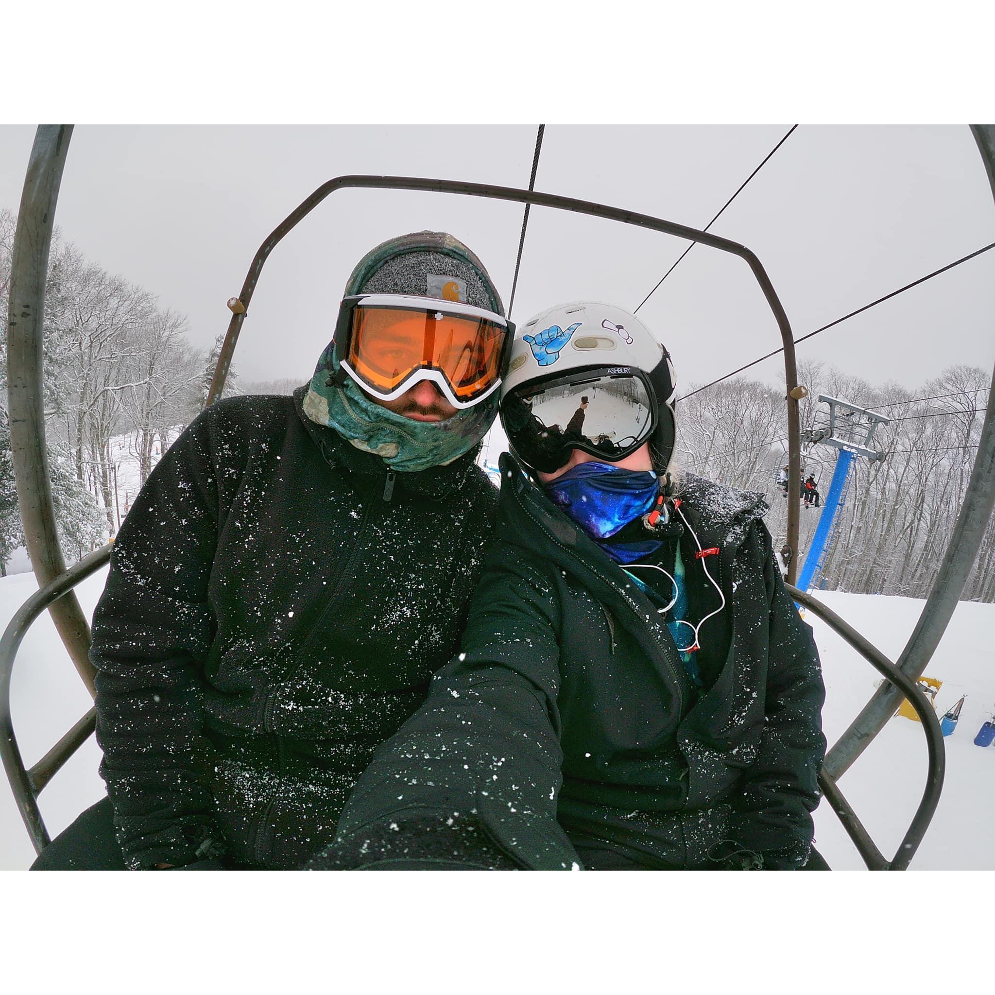 Our favorite pastime together, snowboarding at Cataloochee, NC