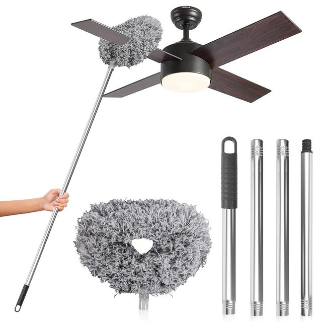 DRQ Ceiling Fan Cleaner Duster, Reusable Microfiber Duster with Extension Pole, 13 to 48 Inch Fan Blade Cleaner, Removable Dusters for Cleaning Walls Bookshelves Door Window Top (Grey)