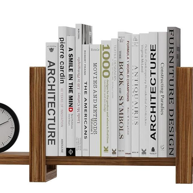 100% Solid Wood Adjustable Desktop Bookshelf, Retro Tabletop Bookshelf, Desk Shelf Holder for Living Room, Home, Office, Perfect for Magazine, Books, Cookbooks, No Tools Required to Assemble (Brown)