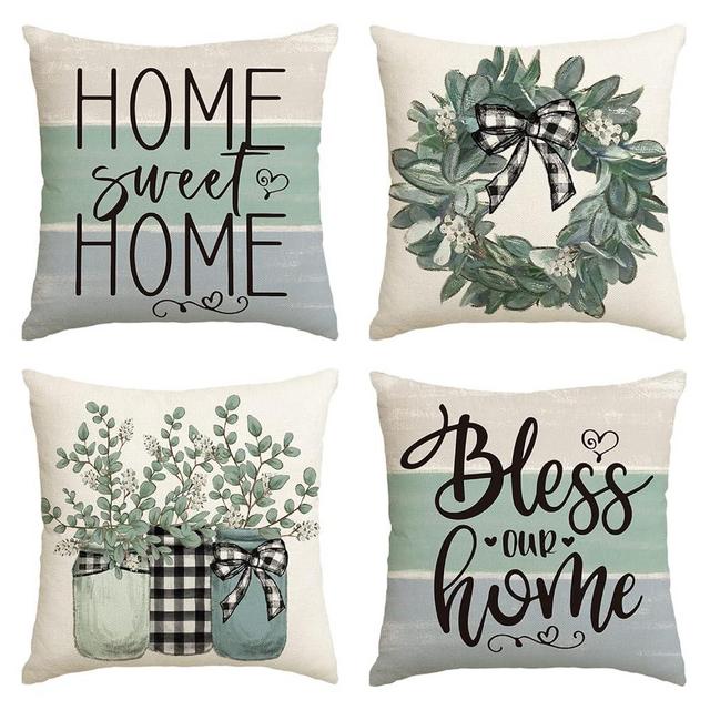 AVOIN colorlife Home Sweet Home Eucalyptus Lamb Ear Wreath Throw Pillow Covers, 18 x 18 Inch Bless Our Home Buffalo Plaid Cushion Case for Sofa Couch Set of 4