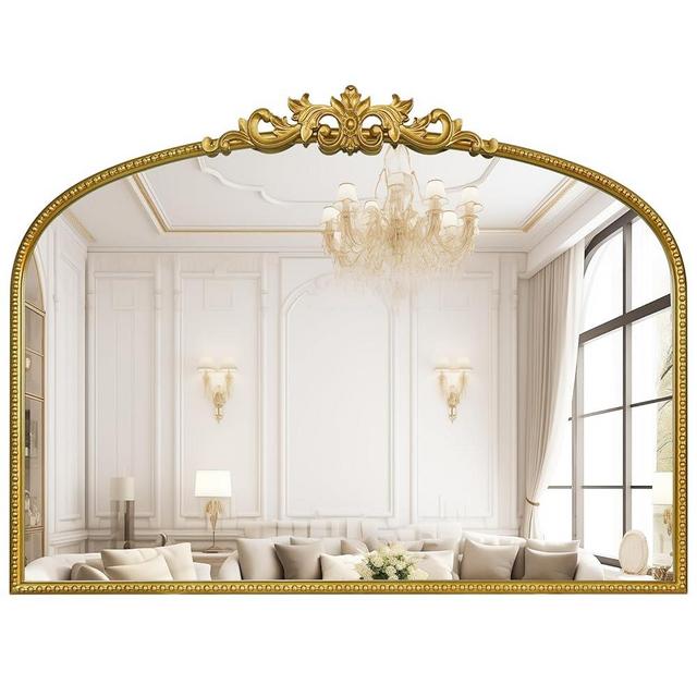 WallBeyond Gold Vintage Mirror for Vanity 32x24 Inch, Gold Antique Mirror with Ornate Frame, Arched Vintage Wall Mirror for Bathroom, Living Room, Fireplace, Entryway
