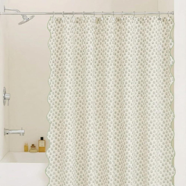 Mindsoft Begonia Toile Shower Curtain 72" x 72" Cotton Linen Green and White Print Curved Edge Curtain with 12 Metal Hooks Waterproof Bath Decor for Kitchen 18th Century Style Bath Accessories