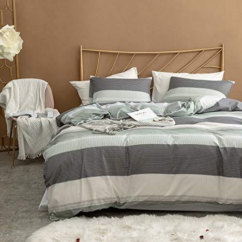 Fluffy Cat 3 Pieces King Duvet Cover Set,Exquisite Colourful Printed Striped with Hidden Zipper & Corner Ties, 100% Microfiber, Hypoallergenic Bedding Sets for All-Season (Gray&Mint Green, King)