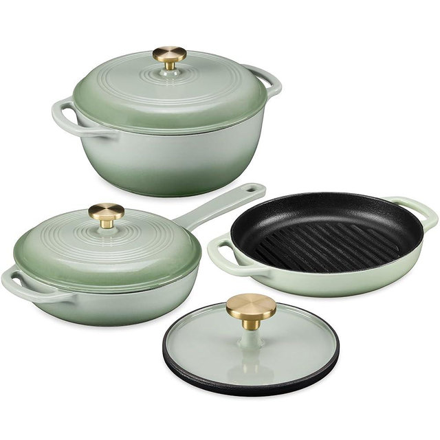 Best Choice Products Non-Stick Pot & Pan Cookware Set, Cast Iron, 2Qt Skillet w/Lid, 10" Grill or Griddle Pan w/Press, 6Qt Enameled Dutch Oven, Non-toxic, for Cooking and Grilling - Sage