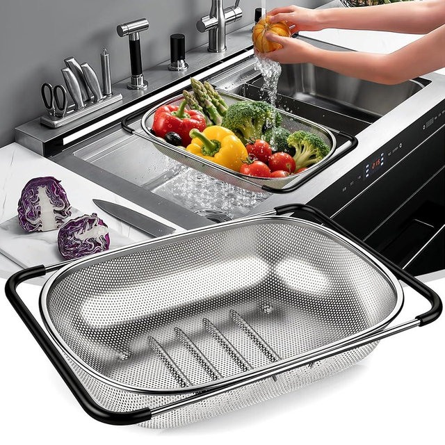 FirstE Over the Sink Colander Strainer Basket 6 Quart, Fine Mesh Stainless Steel Colander with Expandable Anti-slip Rubber Grip Handles, Kitchen Sink Vegetable Strainer for Drain Pasta, Rinse Fruits