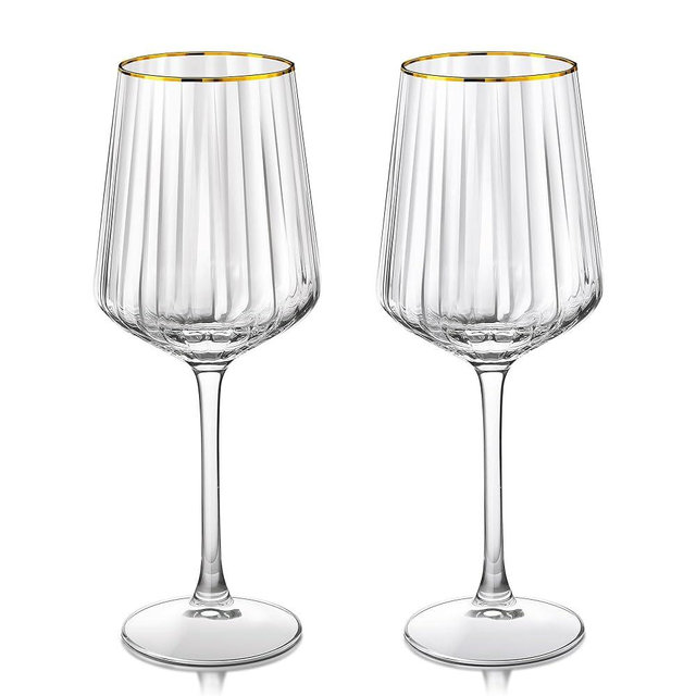 Joeyan Hand-Blown Crystal Wine Glasses for White and Red,Gold Rimmed Striped Drinking Glasses,Stemmed Wine Glass Tumbler Cup,Gifts for Wine Tasting Birthday Anniversary Wedding,19 oz,Set of 2