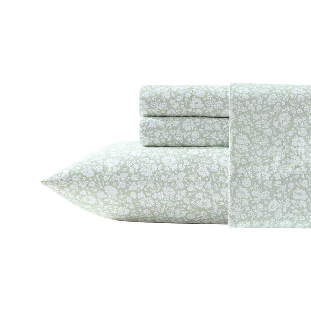 Laura Ashley - Sheets, Cotton Percale Bedding Set, Lightweight & Breathable Room Essentials (Heirloom Ditzy Green, Queen)